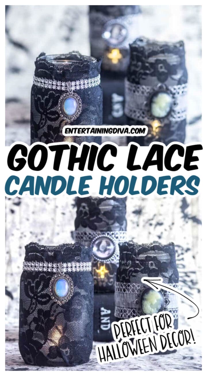 DIY elegant gothic lace Halloween mason jar candle holders