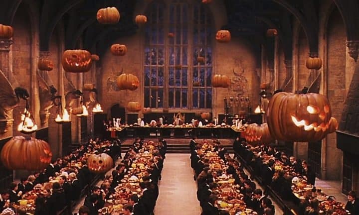 Harry Potter movie Halloween scene with floating pumpkins