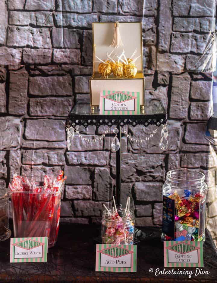 Honeydukes candy bar with licorice wands, acid pops and fainting fancies candies