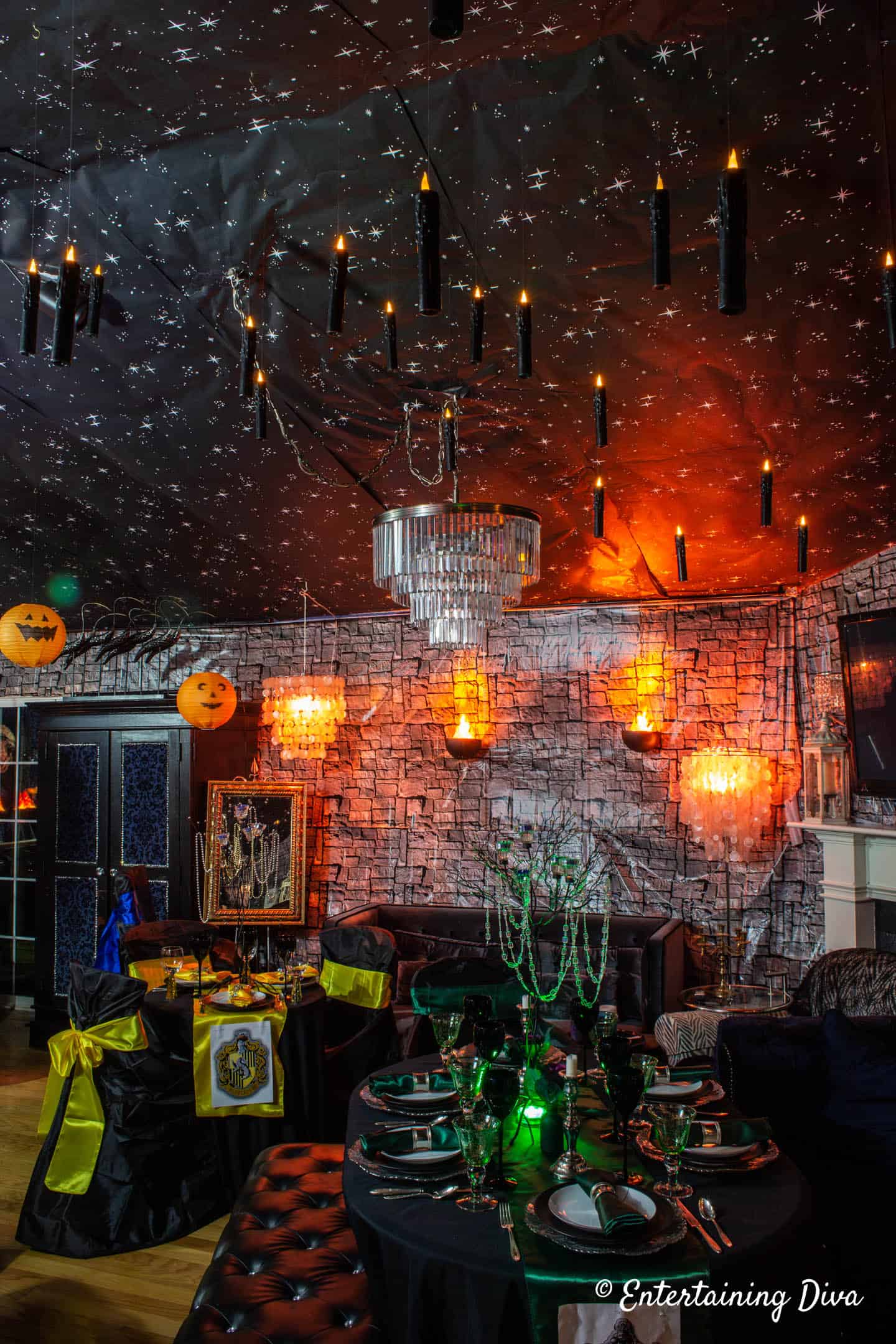Floating candles used as hanging decorations at a Harry Potter party
