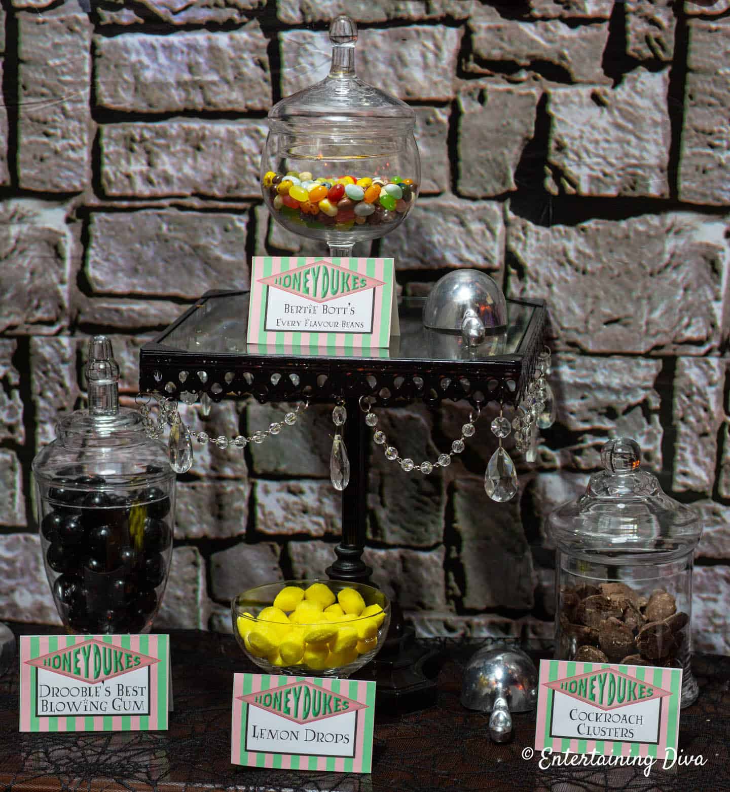 Honeydukes candy bar with Bertie Bott's every flavor beans, lemon drops, cockroach clusters and Drooble's best blowing gum