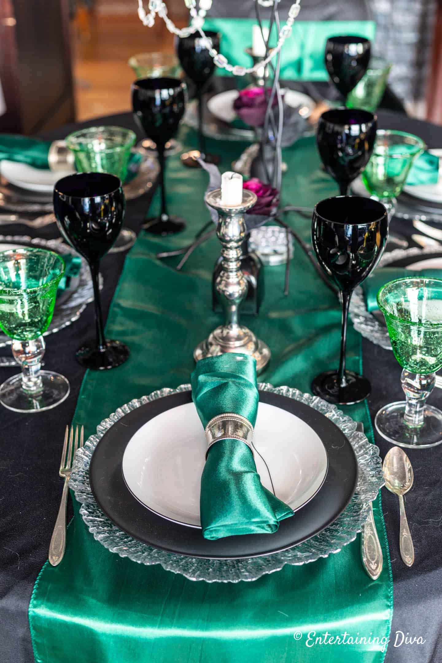 Green and silver Slytherin table setting