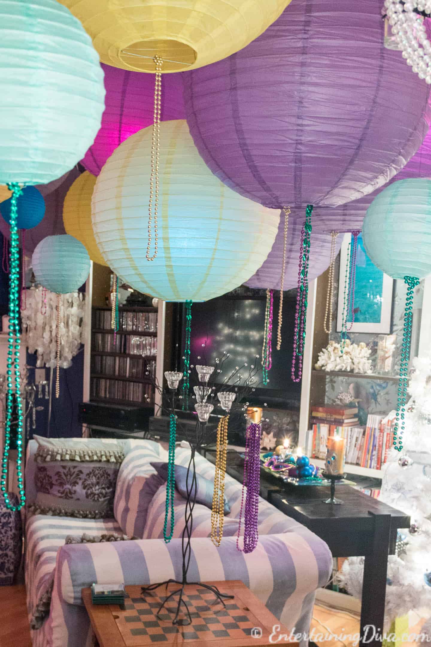 Paper lanterns hung from the ceiling as a last minute New Year's Eve party decoration