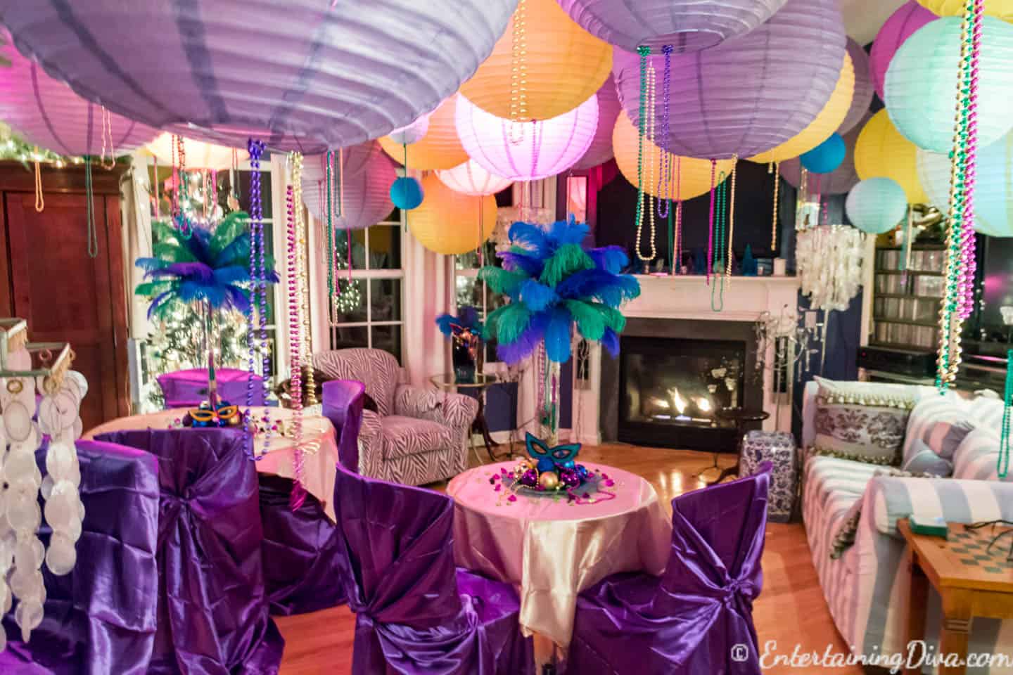 Paper lanterns cover the whole ceiling at a New Year's Eve party