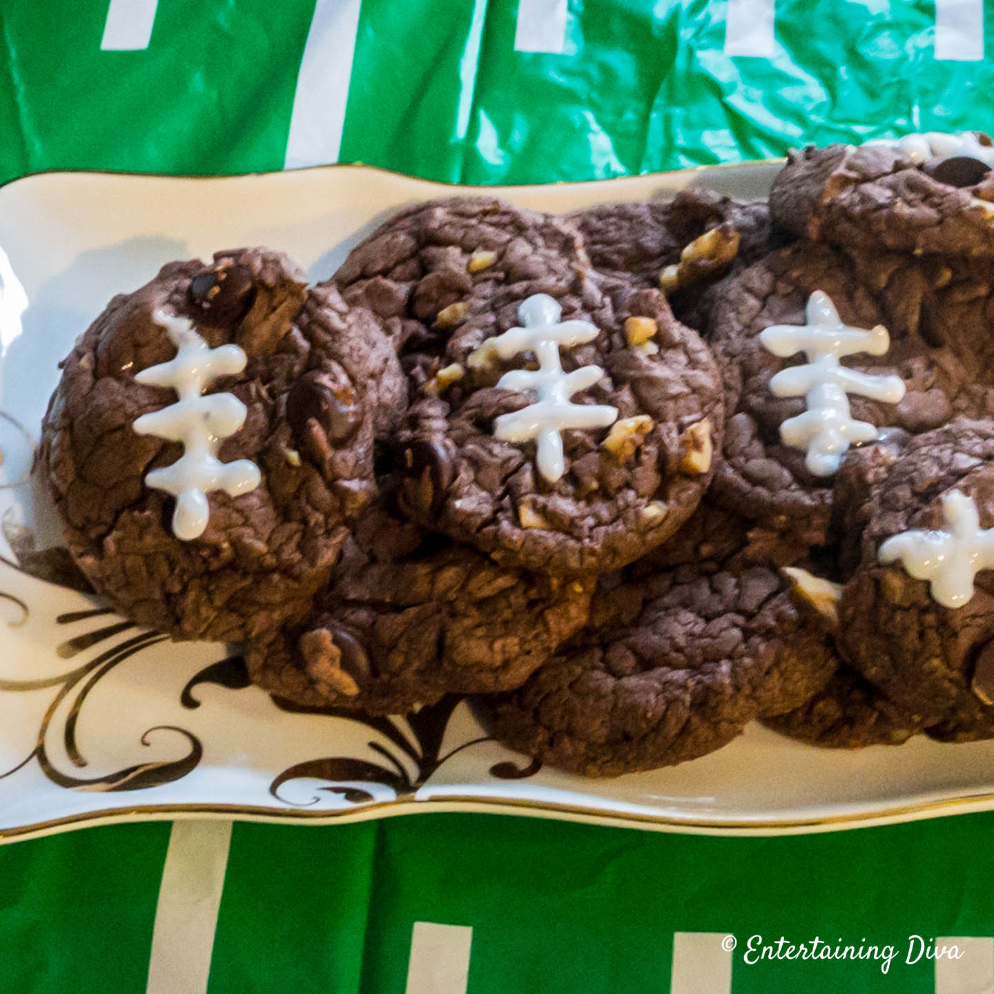 Football brownie cookies on a tray