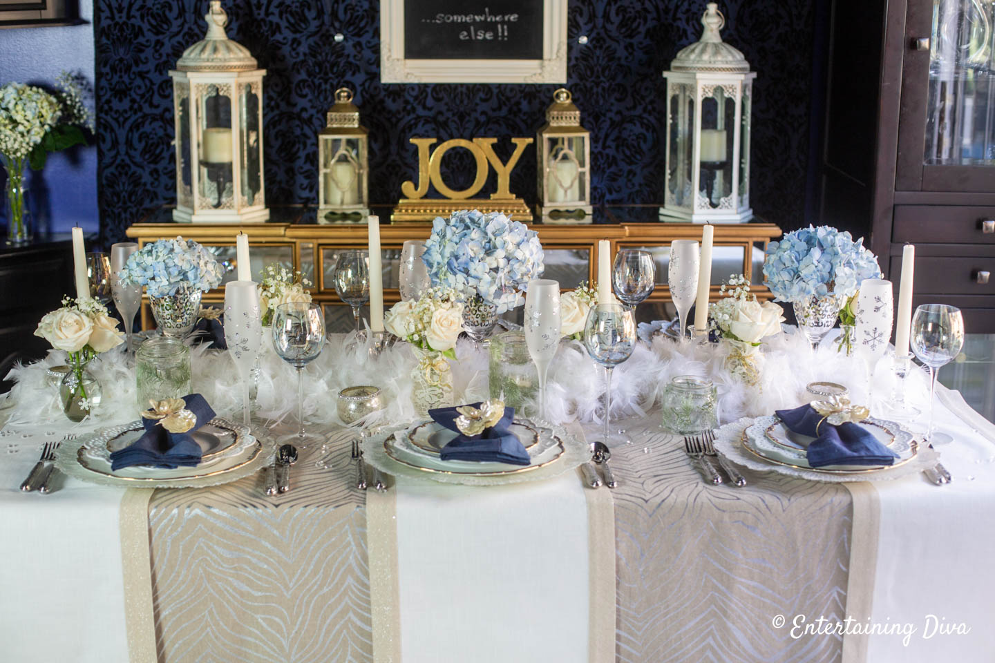 White, gold and silver table runners used as a tablecloth