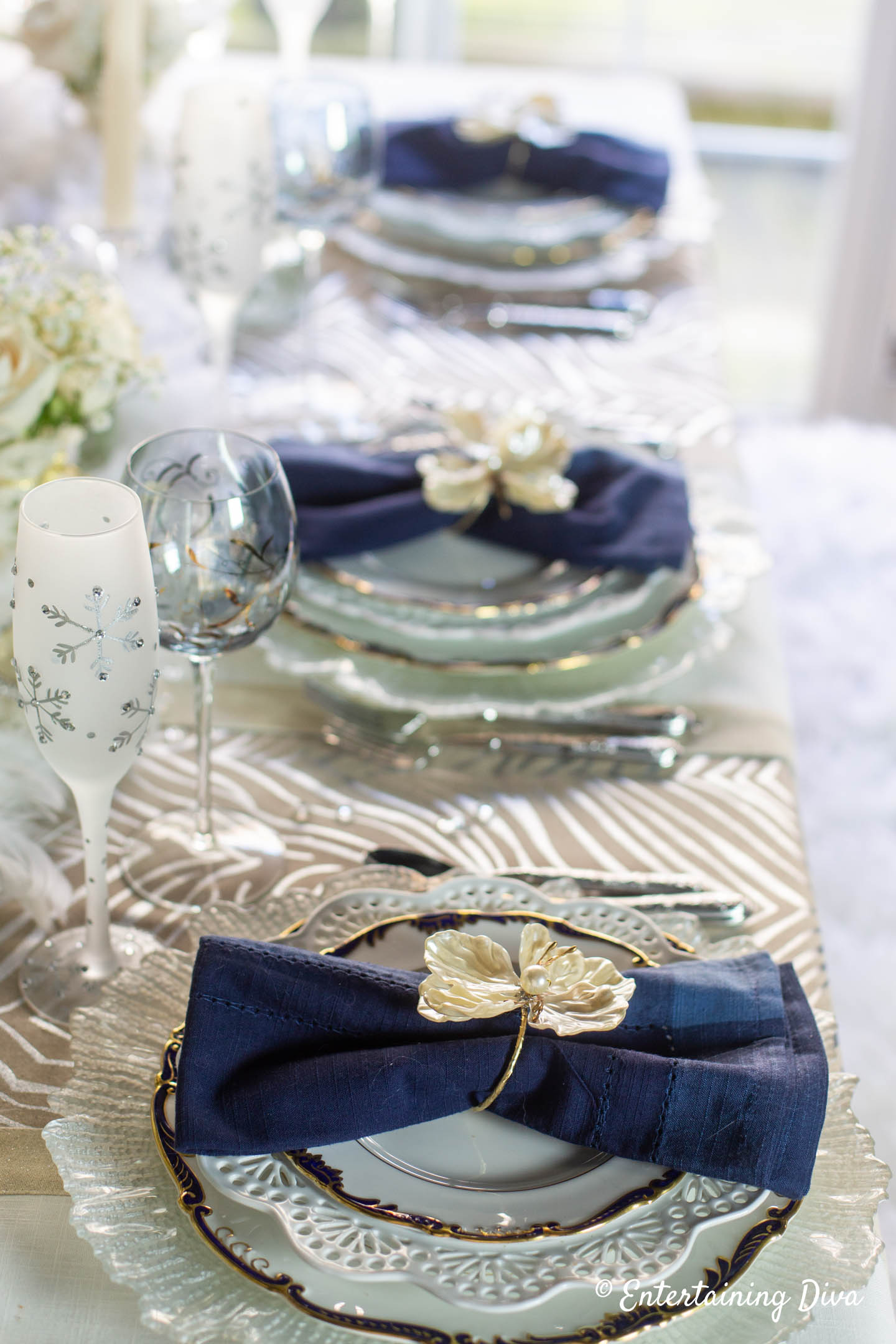 Blue and white winter wonderland table decor