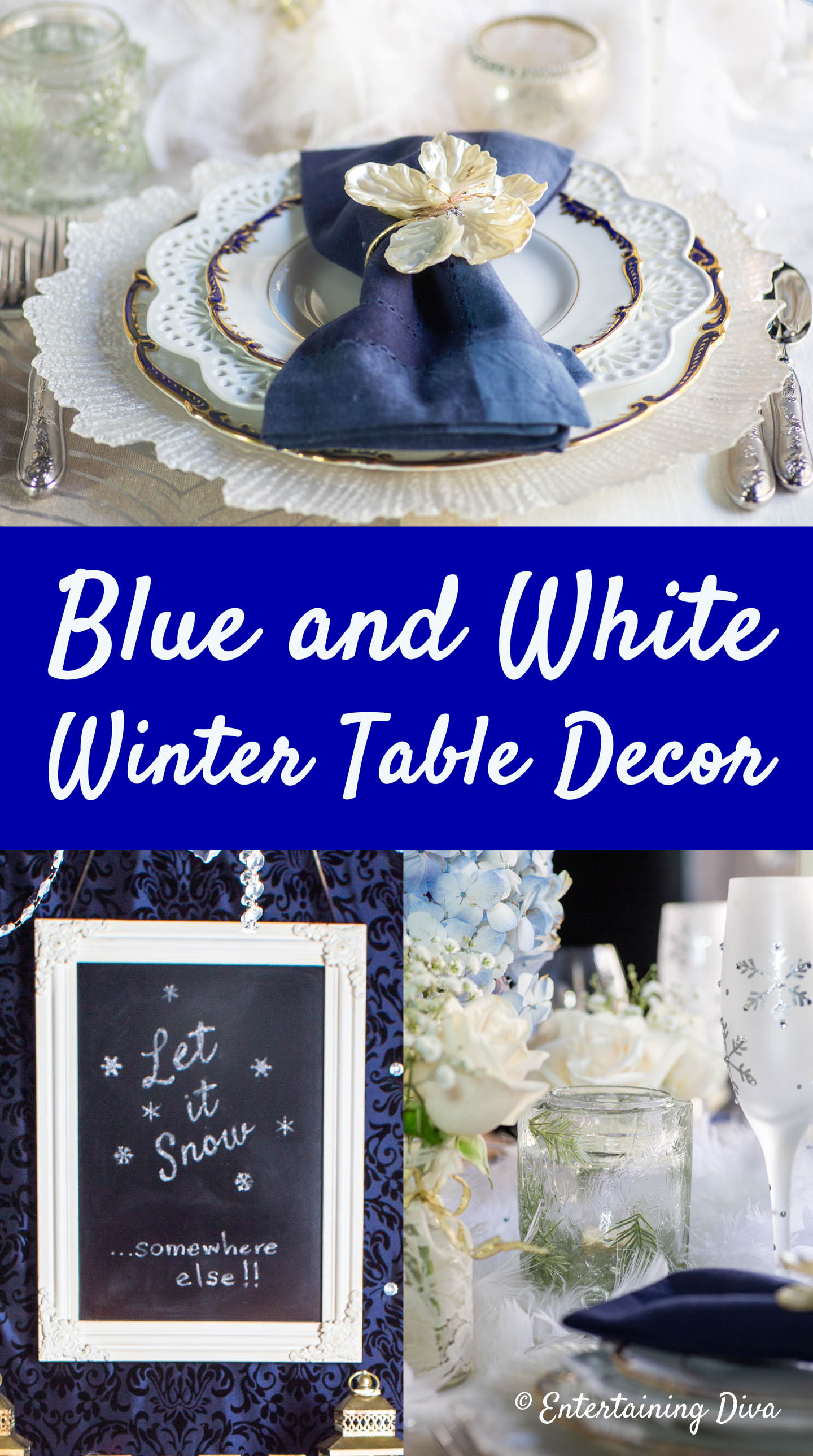 Blue and white winter table decor