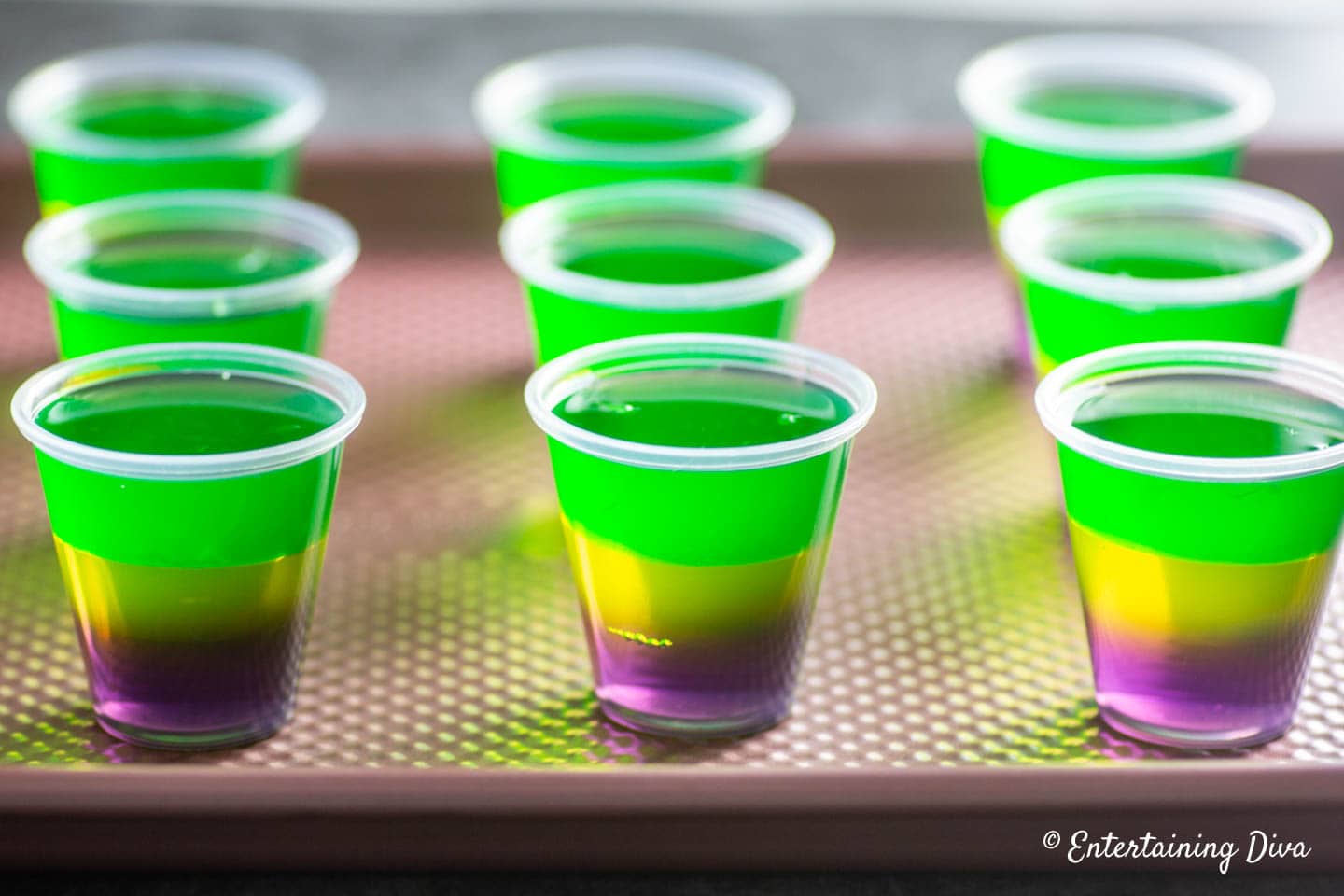 mardi gras Jello shots on a baking sheet