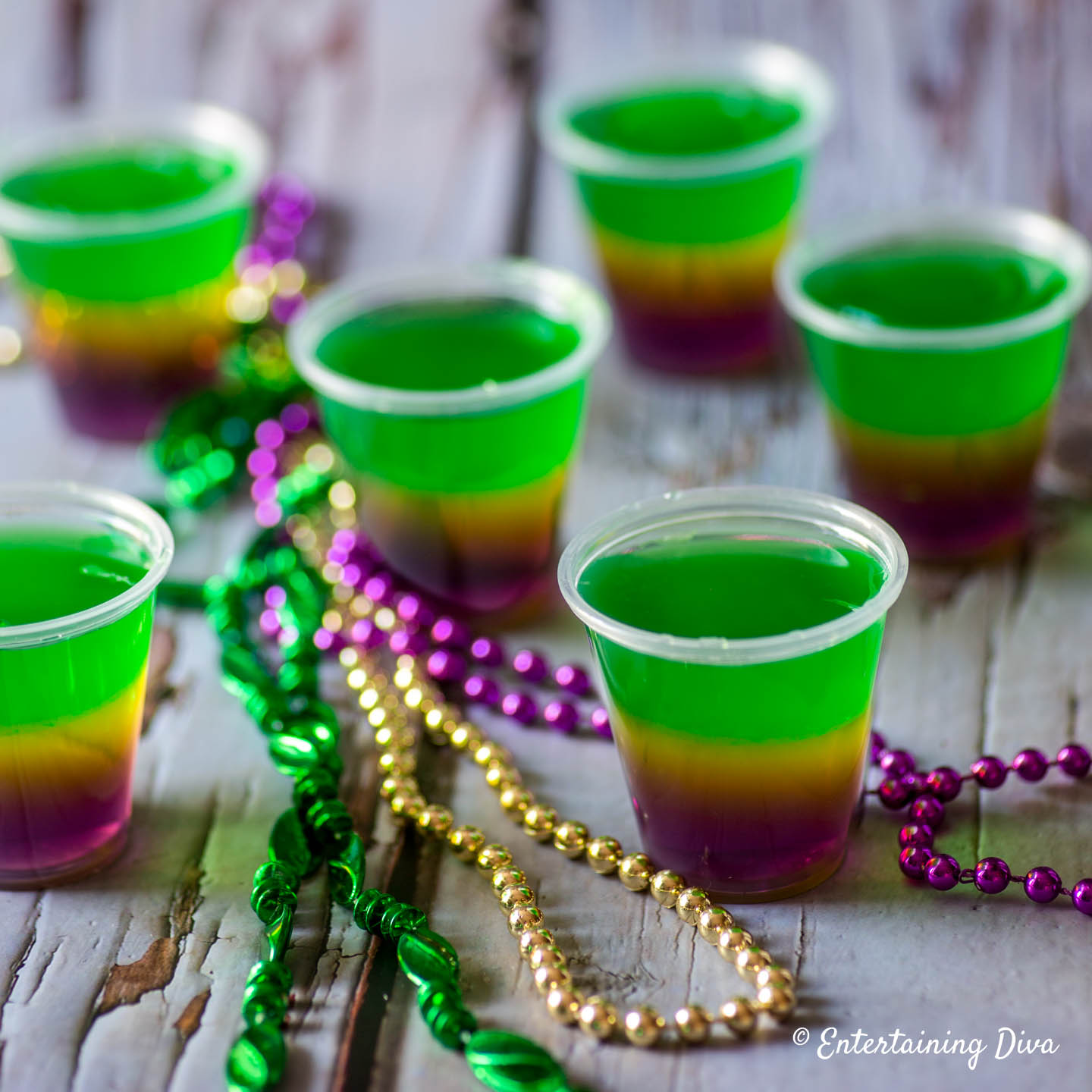 green, gold and purple Mardi Gras Jello shots