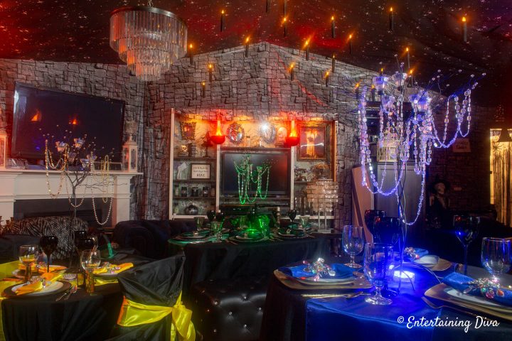 Harry Potter table decor ideas for Ravenclaw, Slytherin and Hufflepuff houses