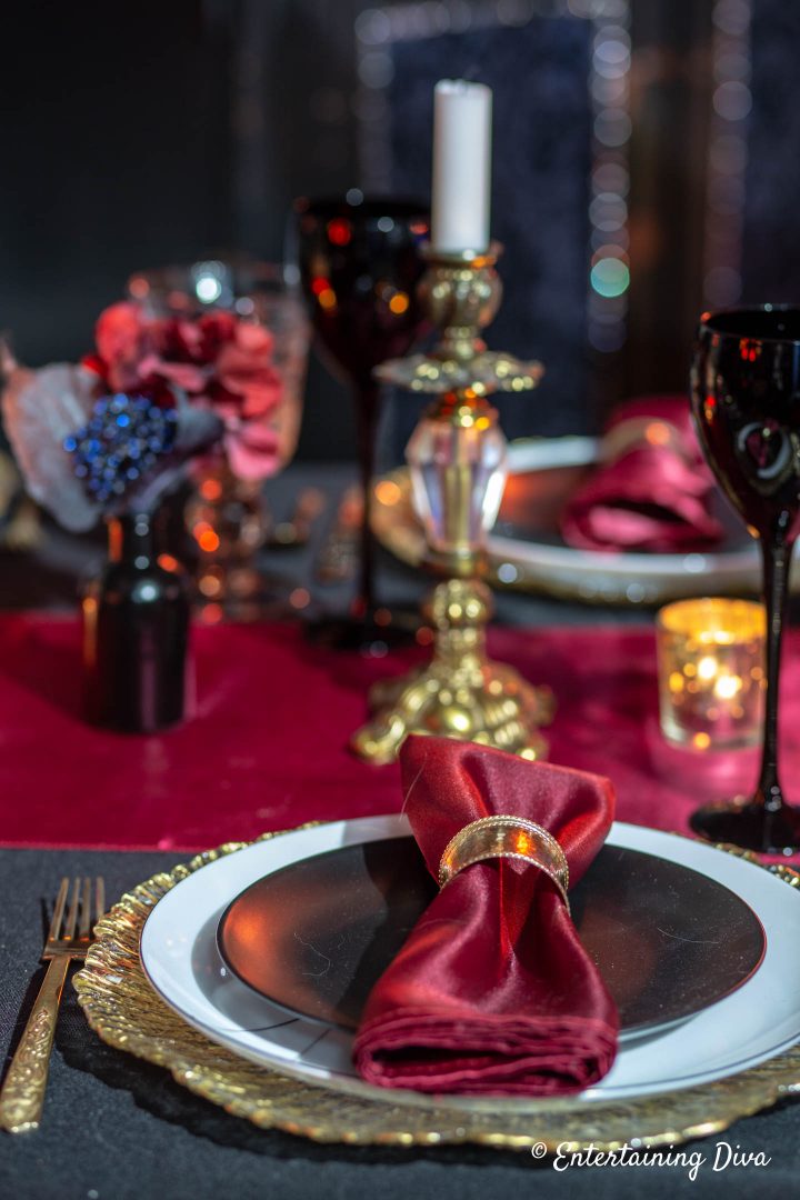 Red and gold place setting for a Harry Potter Gryffindor tablescape