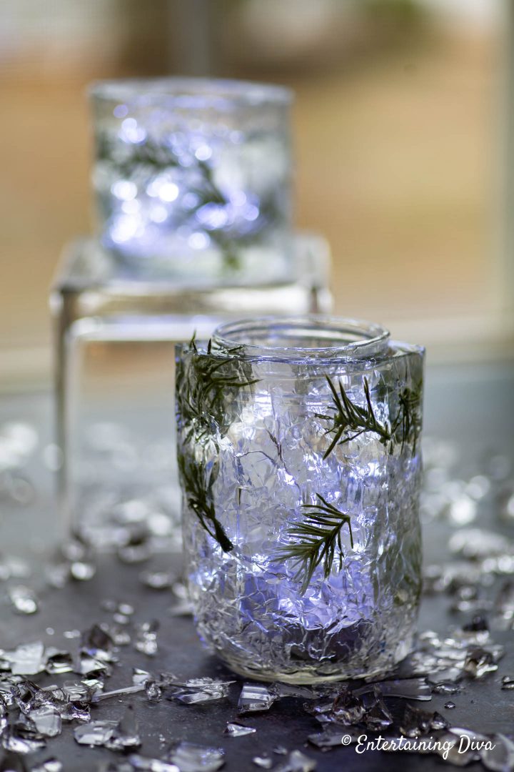DIY faux ice candle holders with sparkle lights and faux ice table scatter