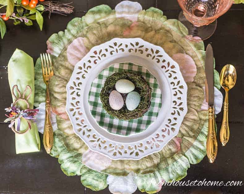 Pink, white and green Easter table place setting