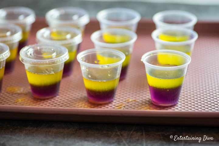 The purple and gold layers of the Mardi Gras jello shots recipe