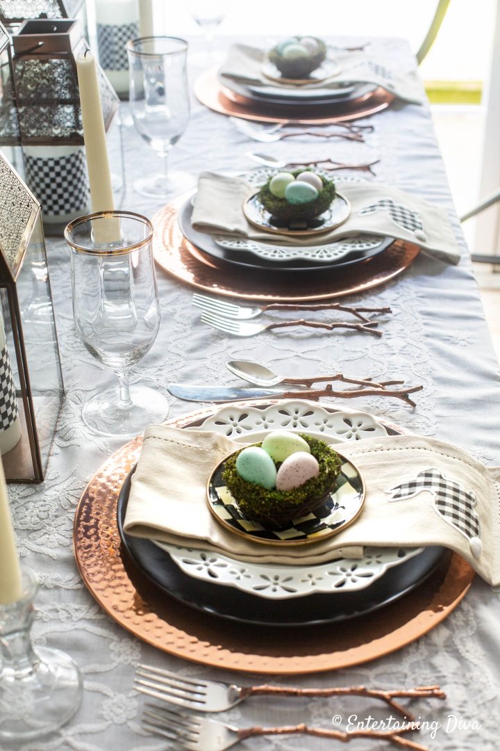 Black, white and copper Easter table place settings