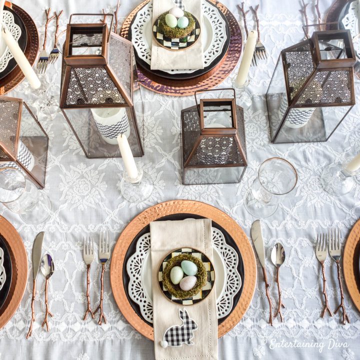 The black, white and copper Easter table place setting and centerpiece