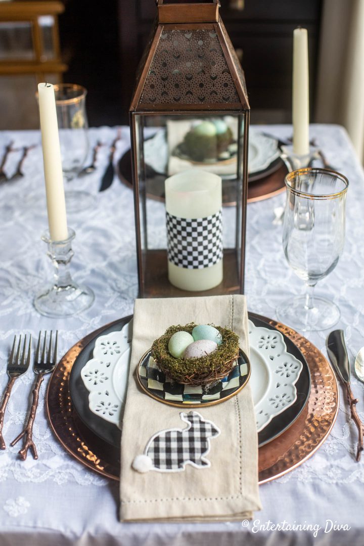 Black, white and copper Easter place setting and centerpiece