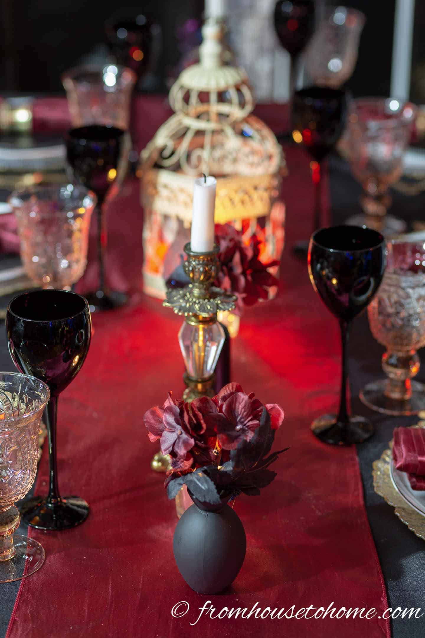 Black, red and gold Halloween centerpiece