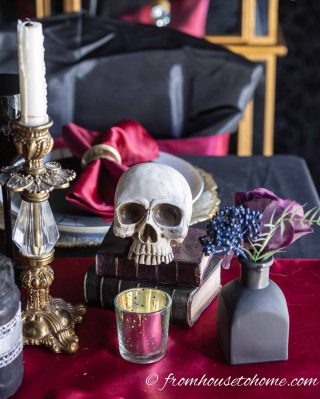 black red gold halloween table setting