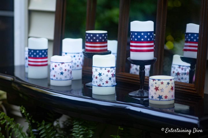 Mix and match 4th of July DIY ribbon candles with two different kinds of ribbons
