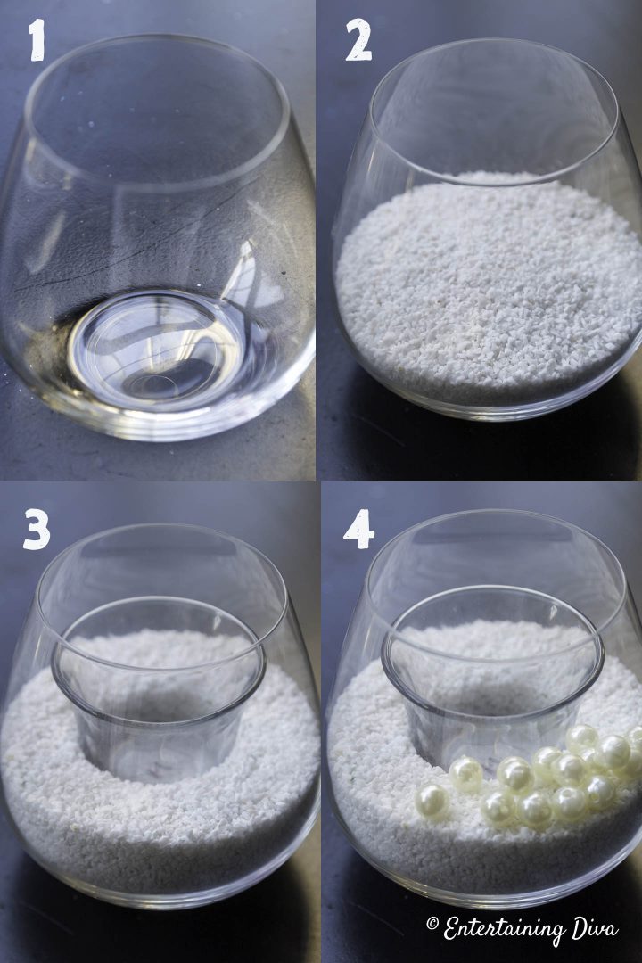 Steps for making the DIY sand and pearls candle holder