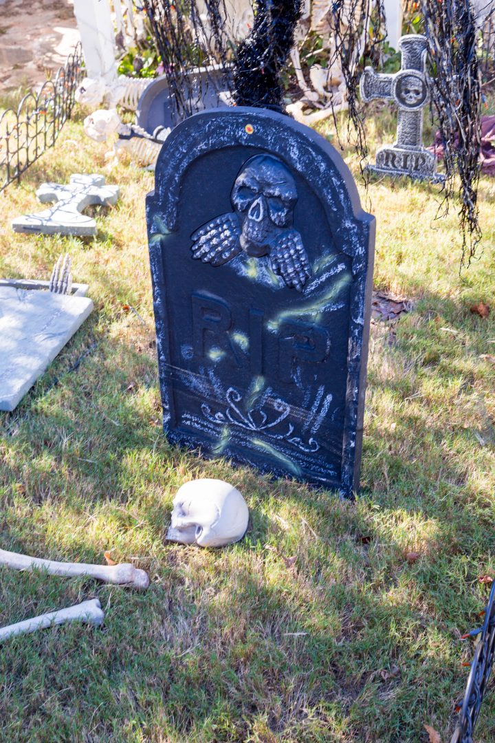 The Halloween tombstone after being secured with the stake