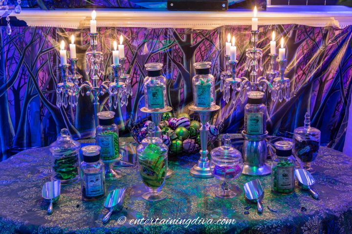 Maleficent party candy buffet with green and purple candies