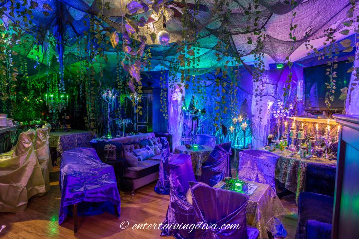 Maleficent party decor in a living room