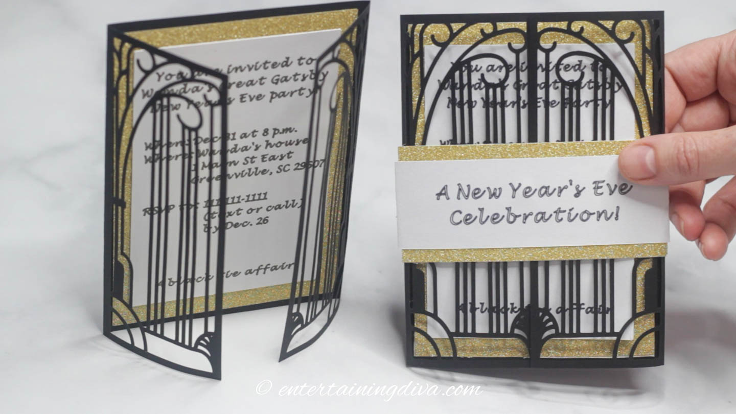 The DIY laser cut Gatsby party invitations with and without the wrapper