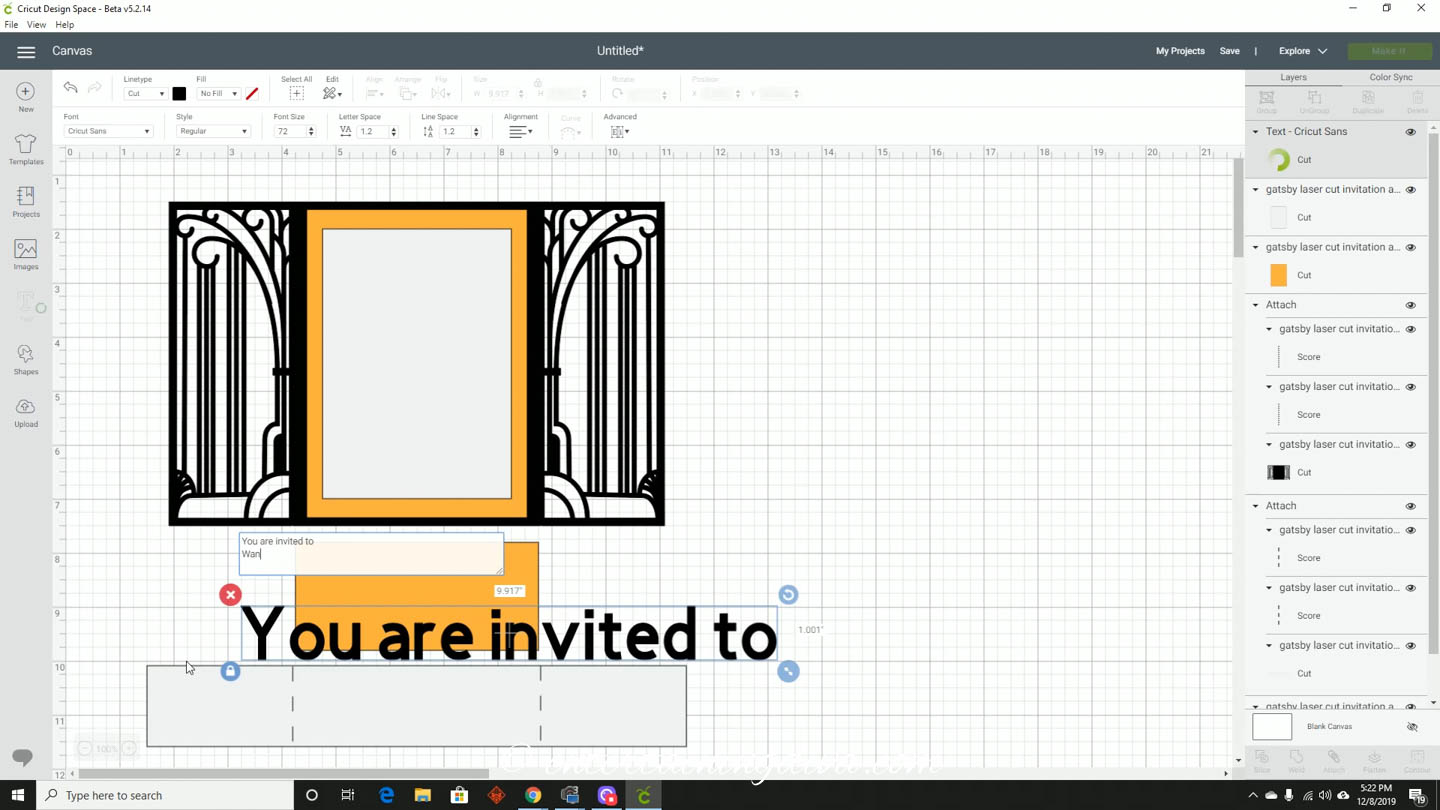 Writing invitation text in Cricut Design Space
