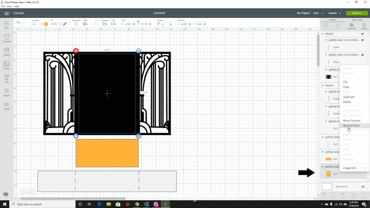 Bringing the yellow rectangle layer to the front in Cricut Design Space