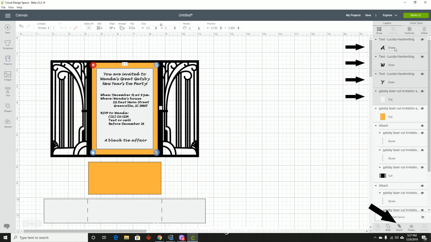 Attaching the text to the invitation layer in Cricut Design Space