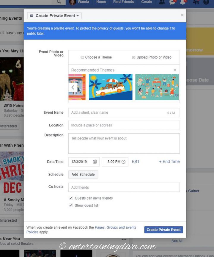 Facebook event with party information