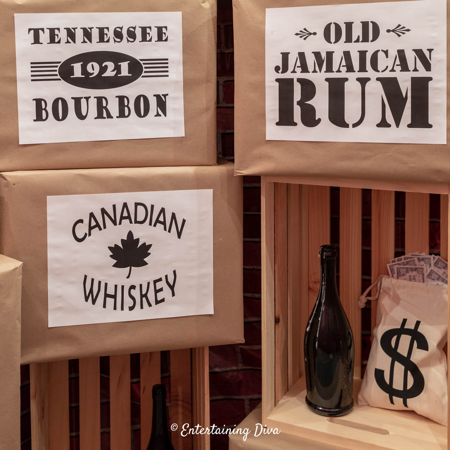DIY printable liquor crate labels for a roaring 20's party