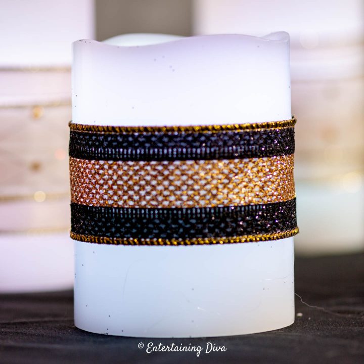 White, black and gold Great Gatsby candle