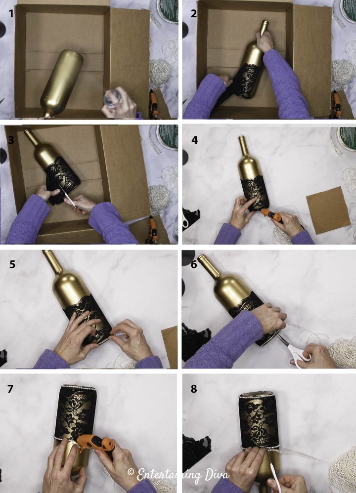 overview of the steps to decorate a gold wine bottle with black lace and pearls
