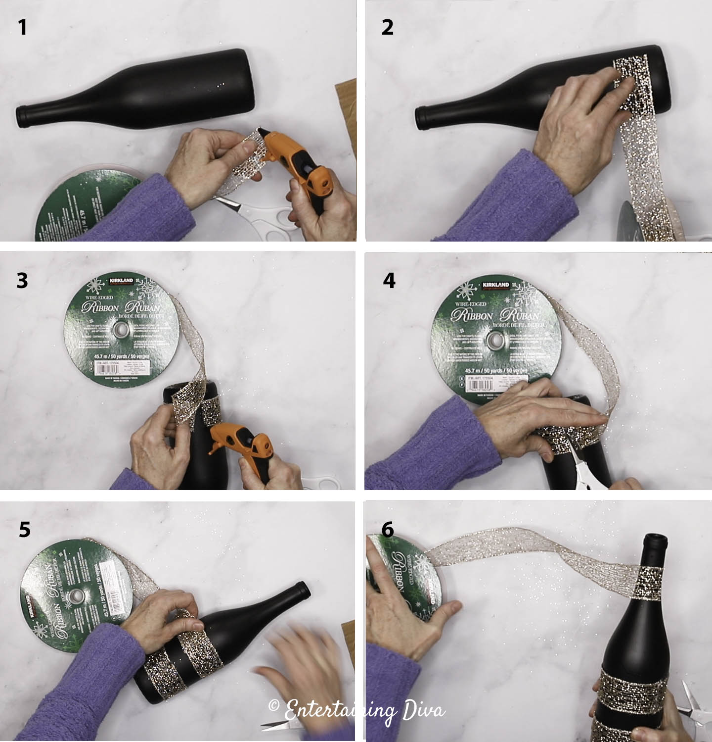 Overview of the steps to decorate a black wine bottle with gold mesh ribbon