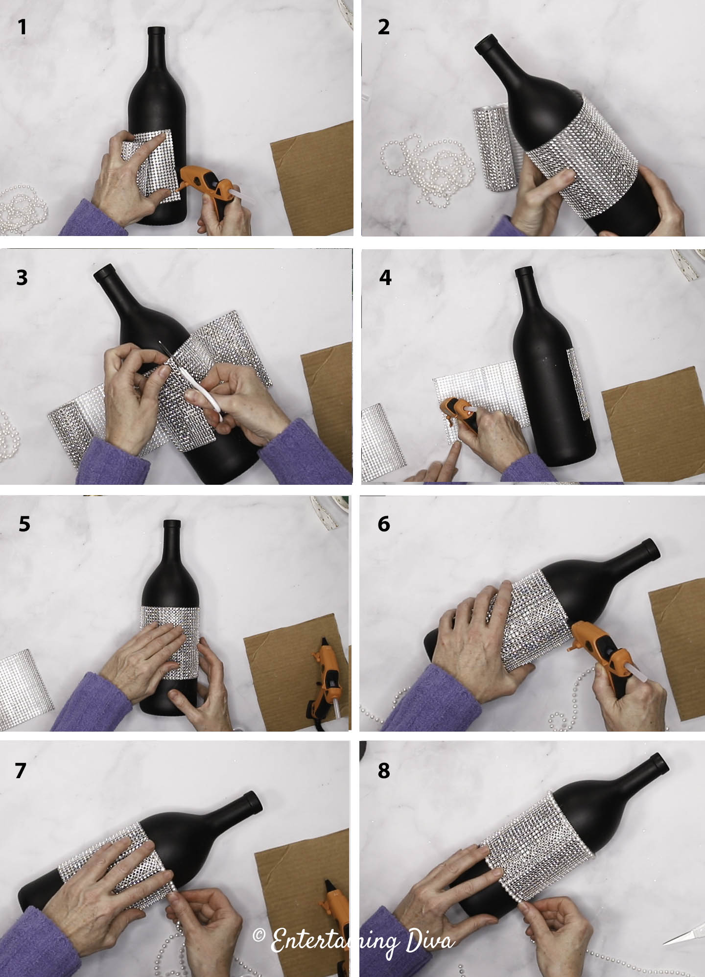 Summary of the steps to add rhinestone ribbon and pearls around the middle of a black wine bottle