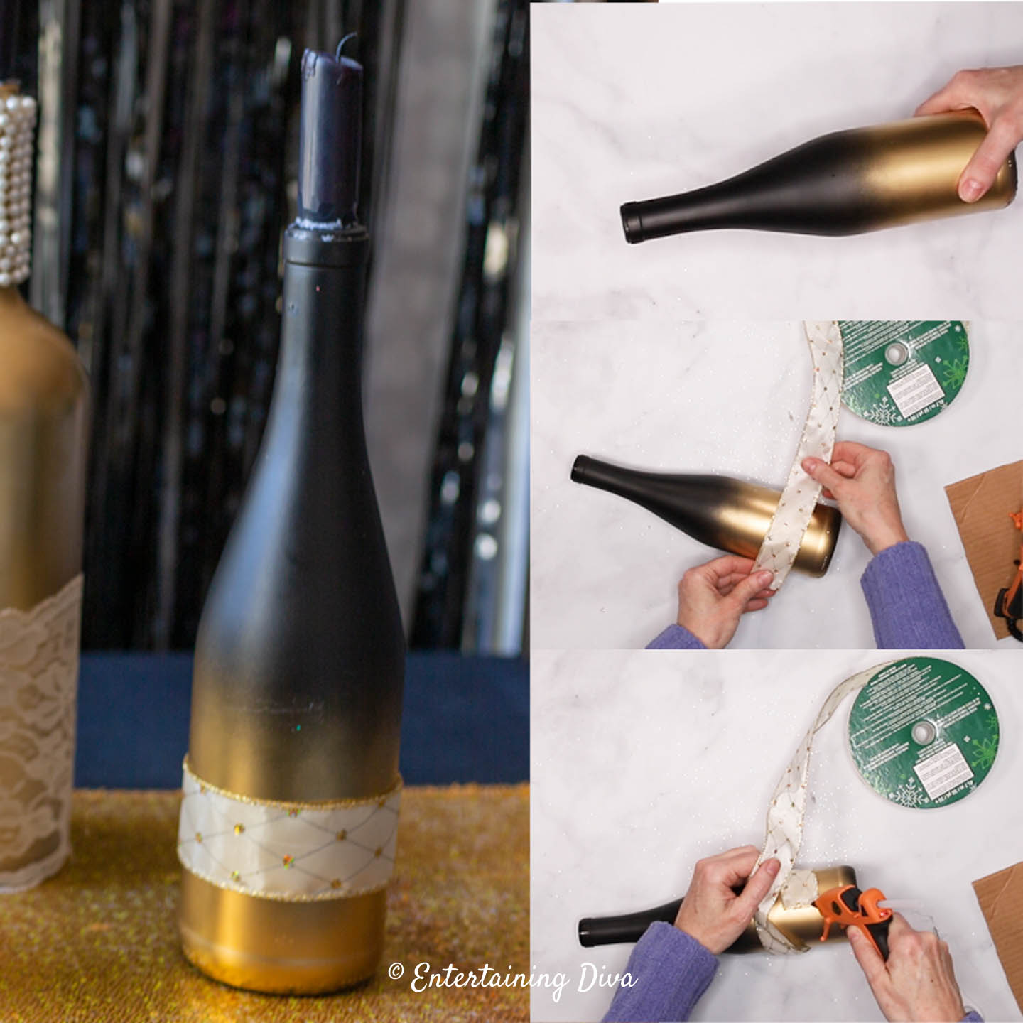 A black and gold painted wine bottle with white and gold ribbon around the middle and the steps to attach it with a glue gun