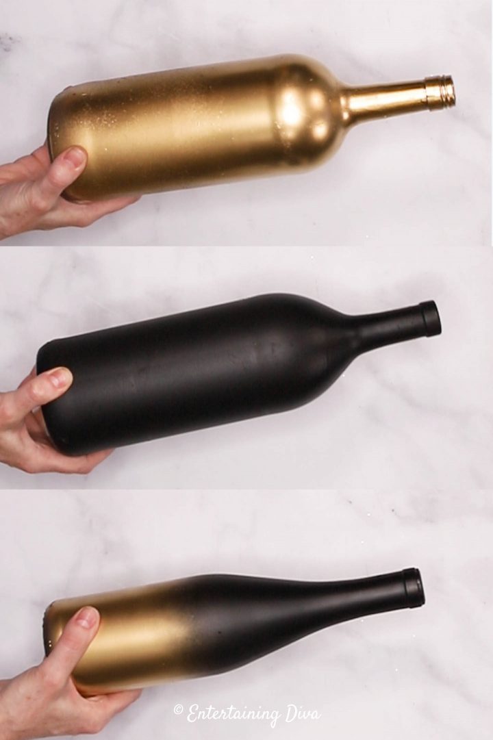 wine bottles spray painted gold and black