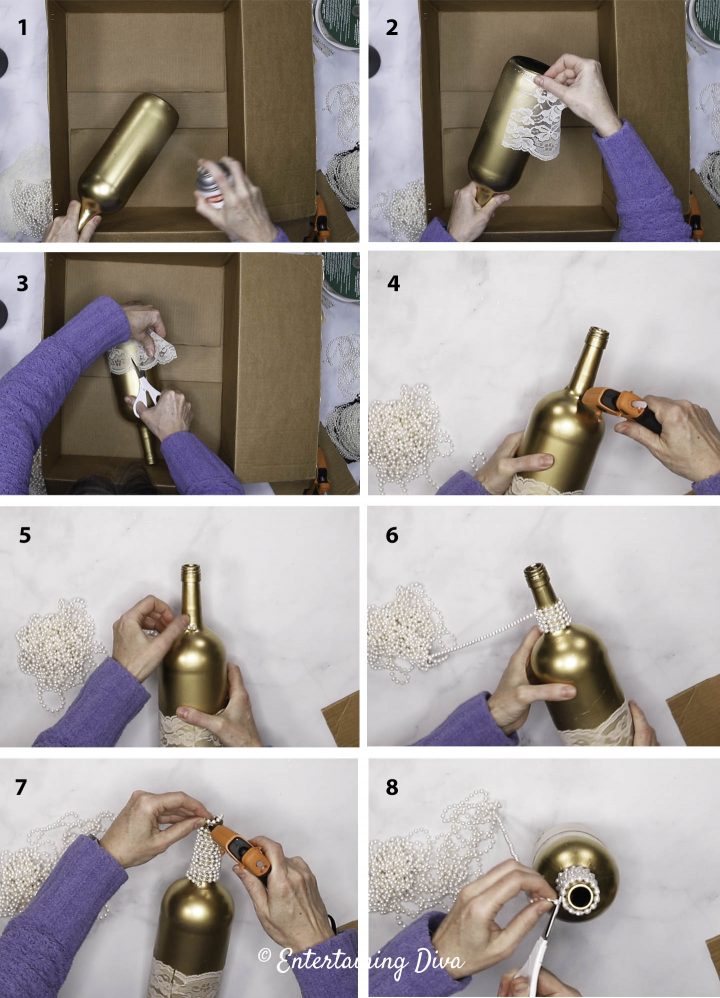 steps to decorate a gold wine bottle with white lace and pearls