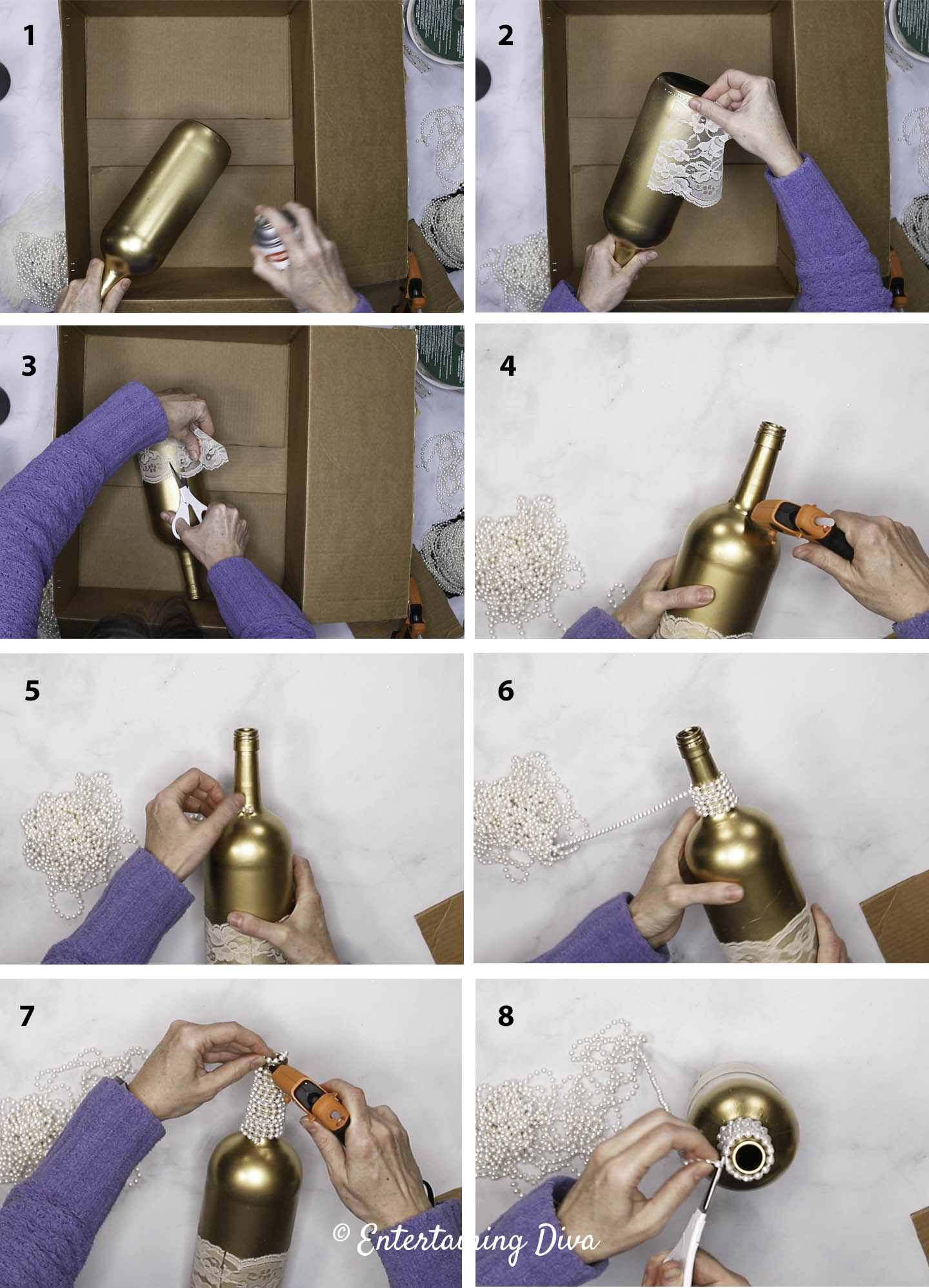 Overview of the steps to decorate a gold wine bottle with white lace and pearls