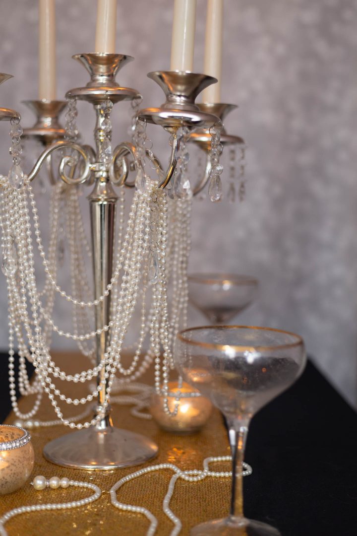 Great Gatsby centerpiece - Silver candelabra with strings of pearls 