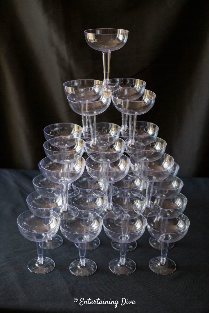 The finished DIY champagne glass tower