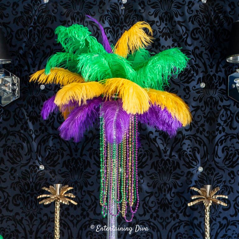 Purple, Gold and Green DIY Mardi Gras Feather Centerpiece