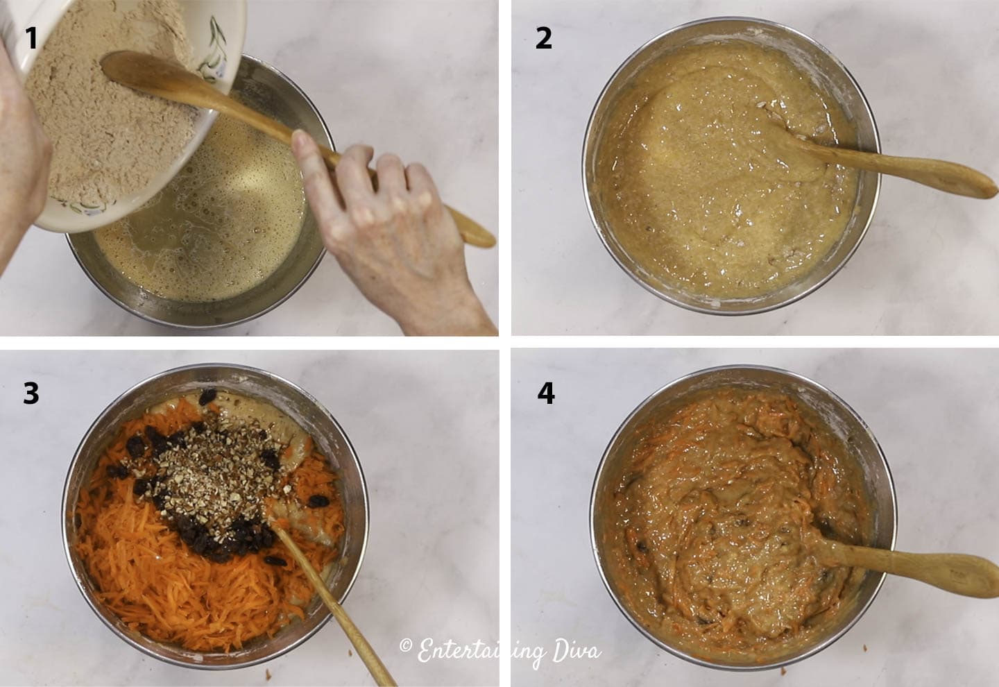 Dry ingredients, grated carrots, nuts and raisins being added to carrot cake batter