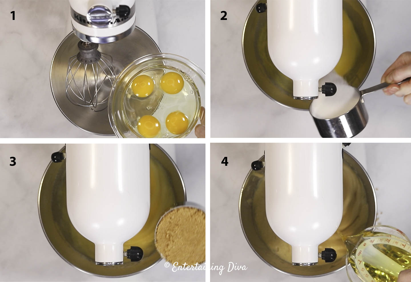 Eggs, white sugar, brown sugar and vegetable oil being added to a mixer