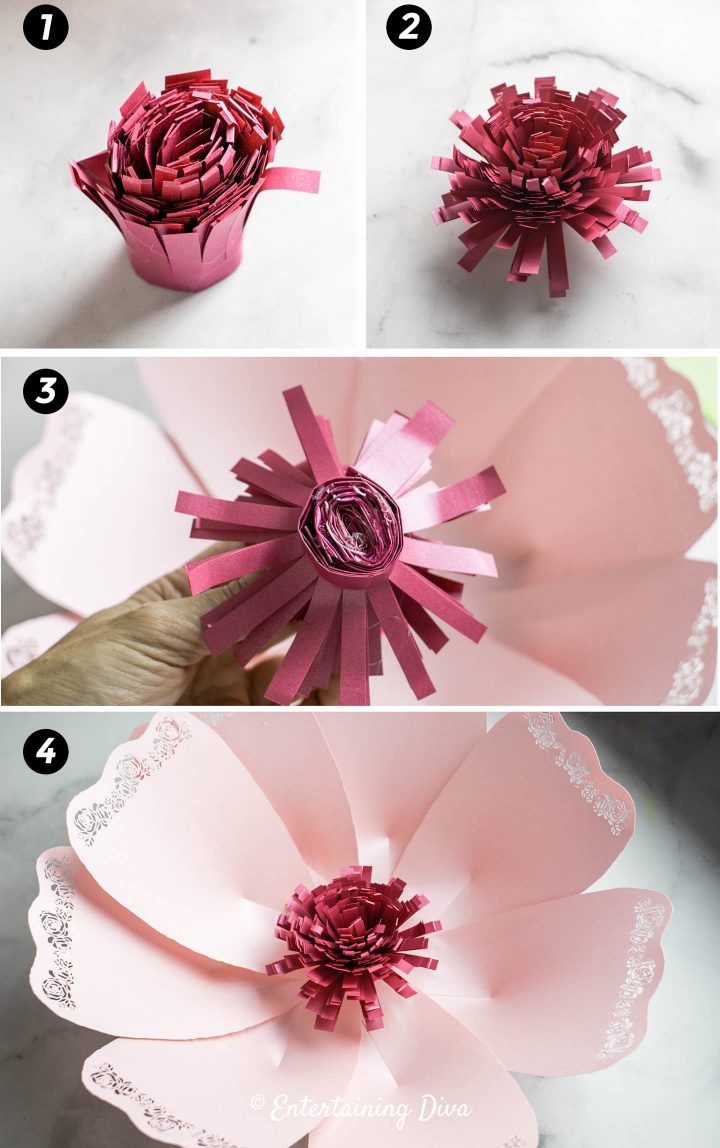 How to attach the fringe center to the middle of the giant paper flower