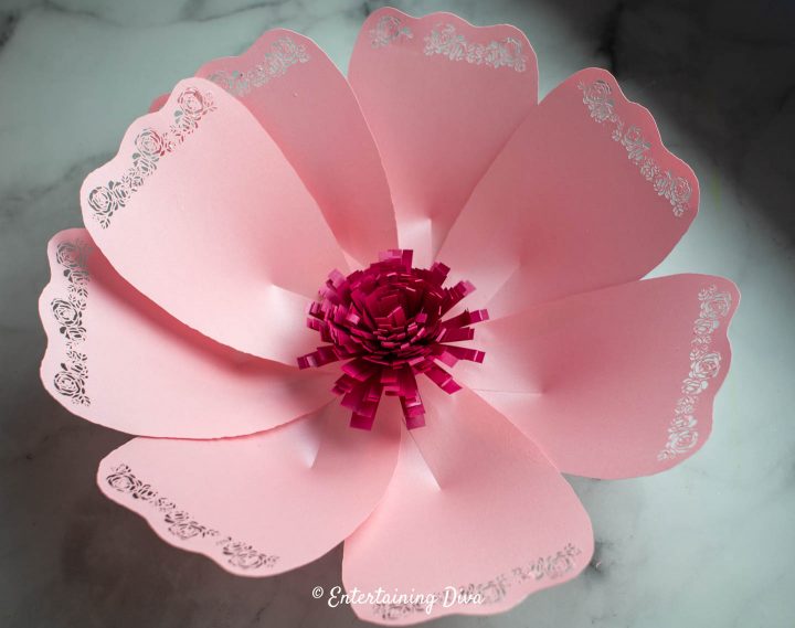 Simple giant paper flower with lace edges and a fanned out center